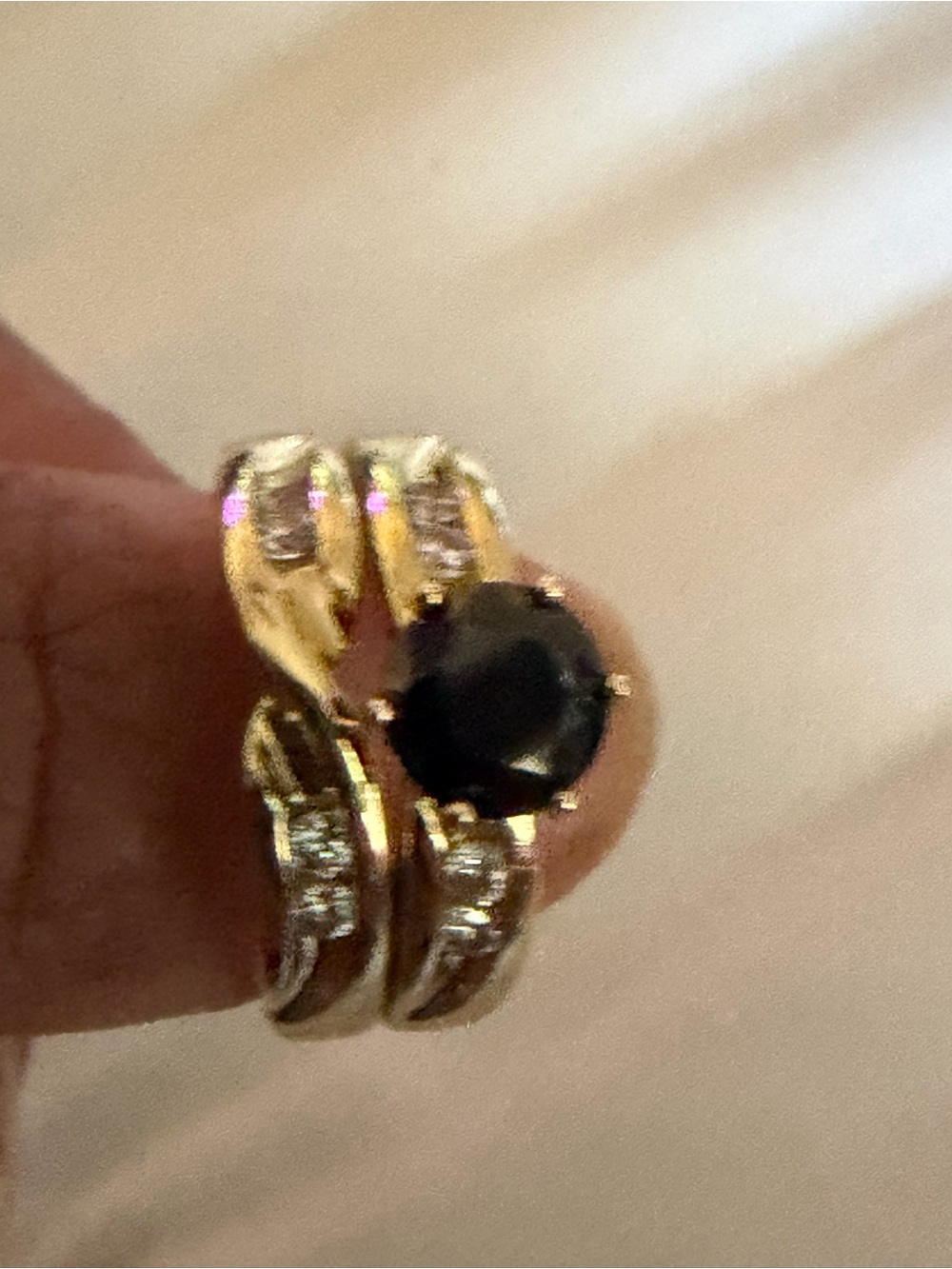 Gold-Tone Women's Ring with Black Center Stone and Clear Accents